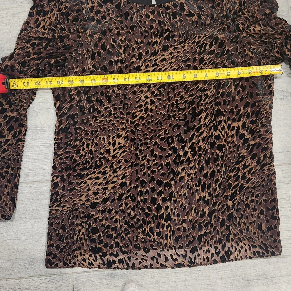 ELIE TAHARI  Noelle Top Leopard Print Velvet Burnout Puff Sleeve Blouse Brown - Picture 4 of 7